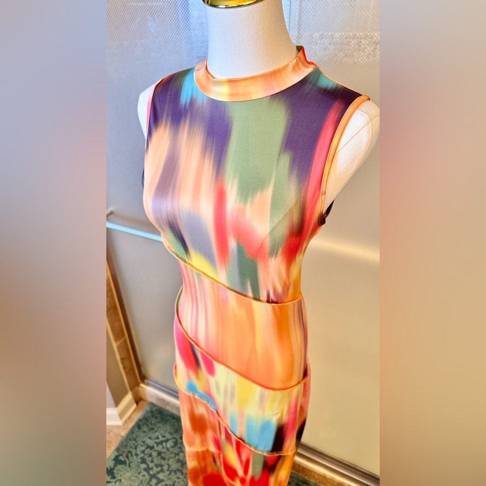 Bodycon Stretchy Multicolor Sleeveless Maxi Dress w Mock Neck - Picture 4 of 16